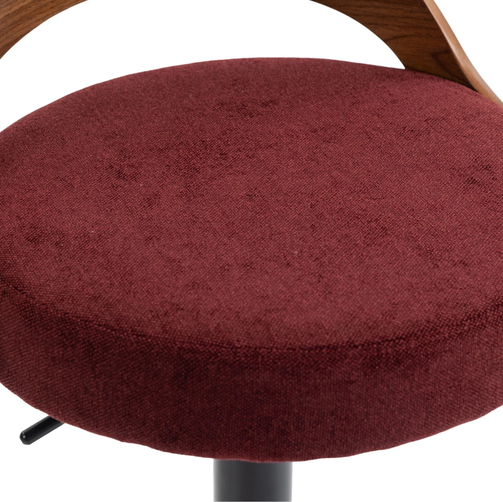 Set 2 sgabelli bar girevoli 360° regolabili in altezza; lino bordeaux; con schienale effetto noce