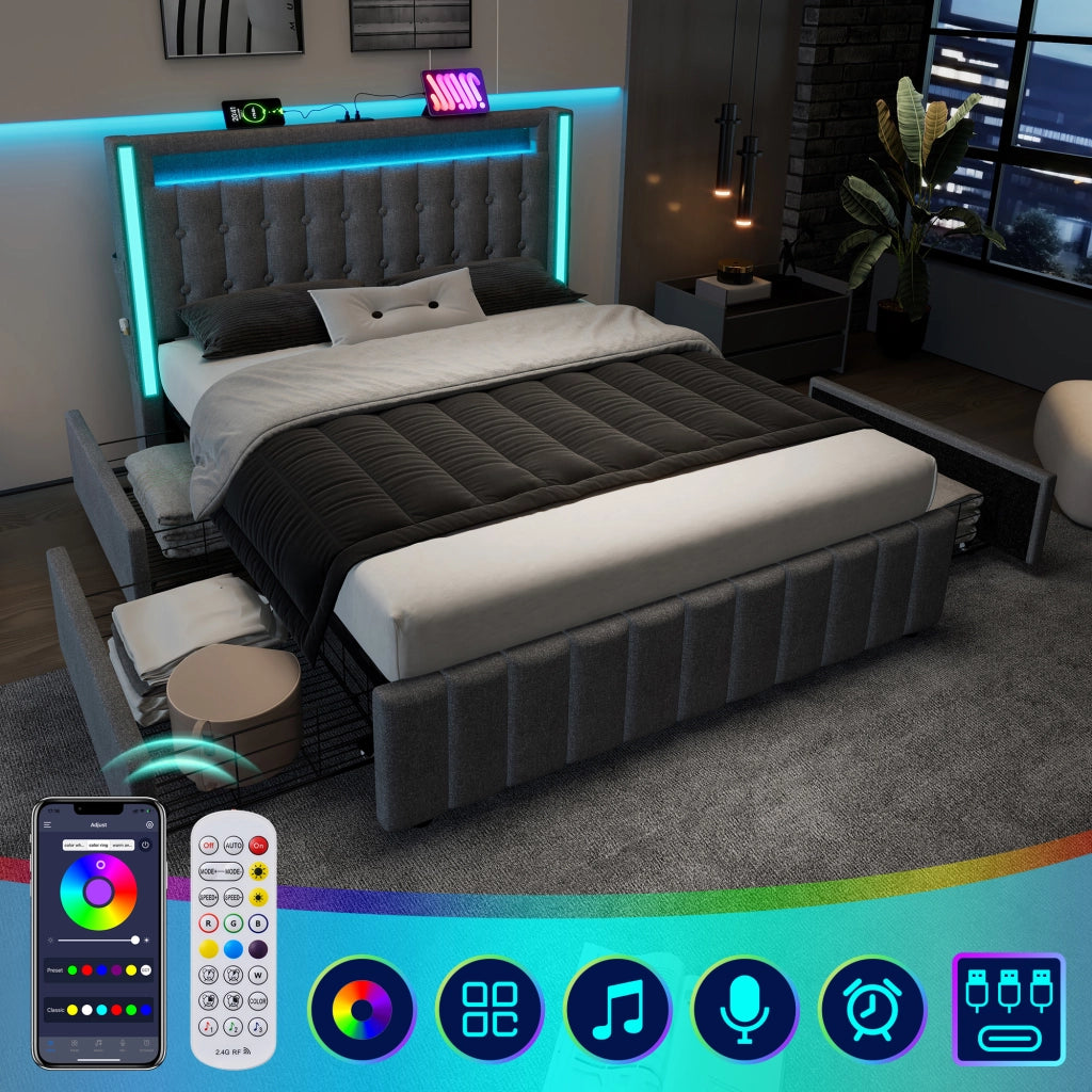 LETTO 140x200 cm Grigio in lino con funzione di ricarica e 4 cassetti