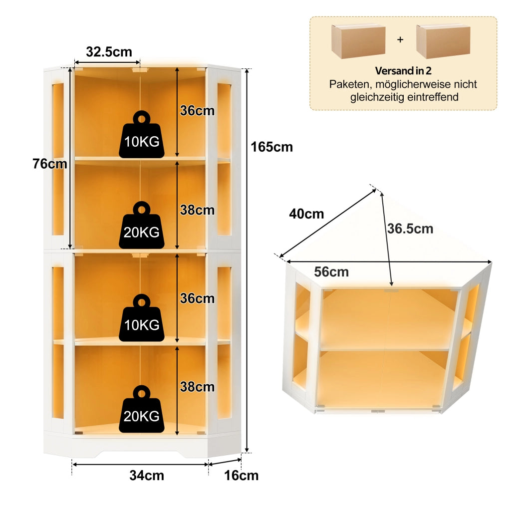 Credenza alta in MDF e vetro con LED RGB, 40x40x165 cm, vetrina con 4 ante e ripiani regolabili