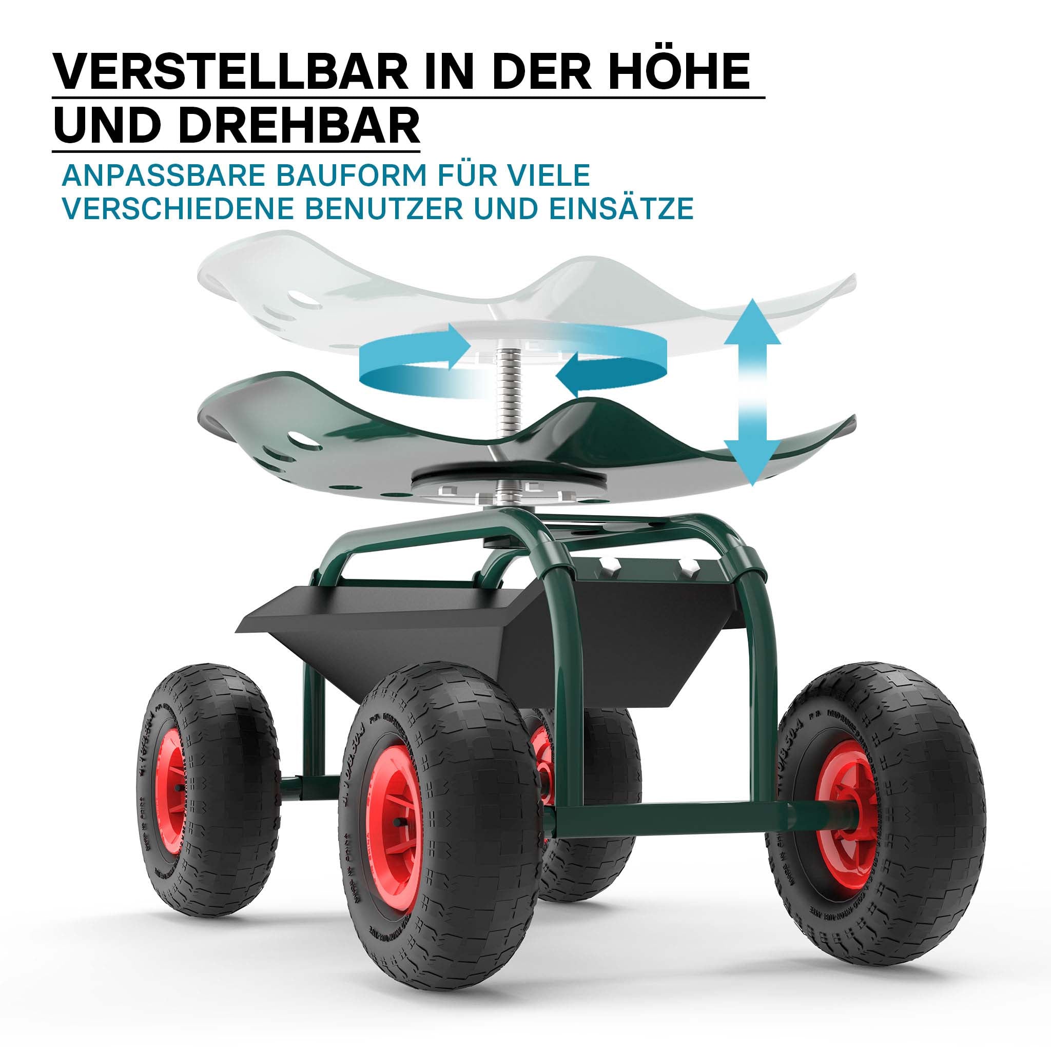 Sgabello da giardinaggio e officina con ruote e porta oggetti , sgabello a carrello, portata 150 kg