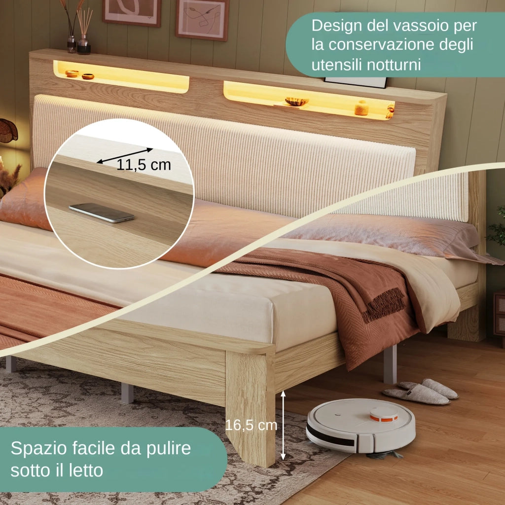 Letto matrimoniale 160x200 cm effetto rovere con LED; testiera contenitore; schienale in velluto a coste beige e rete