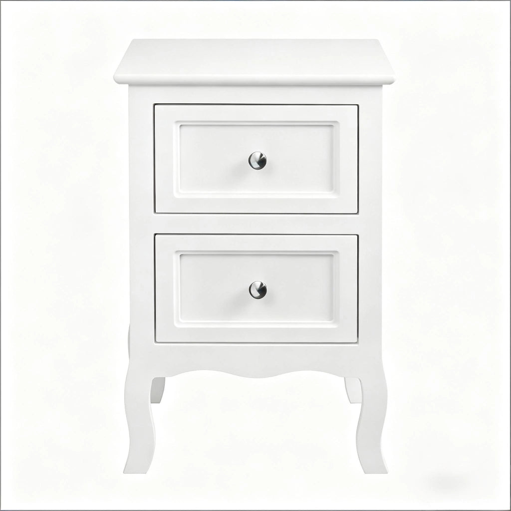 Comodino con 2 cassetti in MDF E1 laccato bianco con maniglie in metallo e gambe rialzate