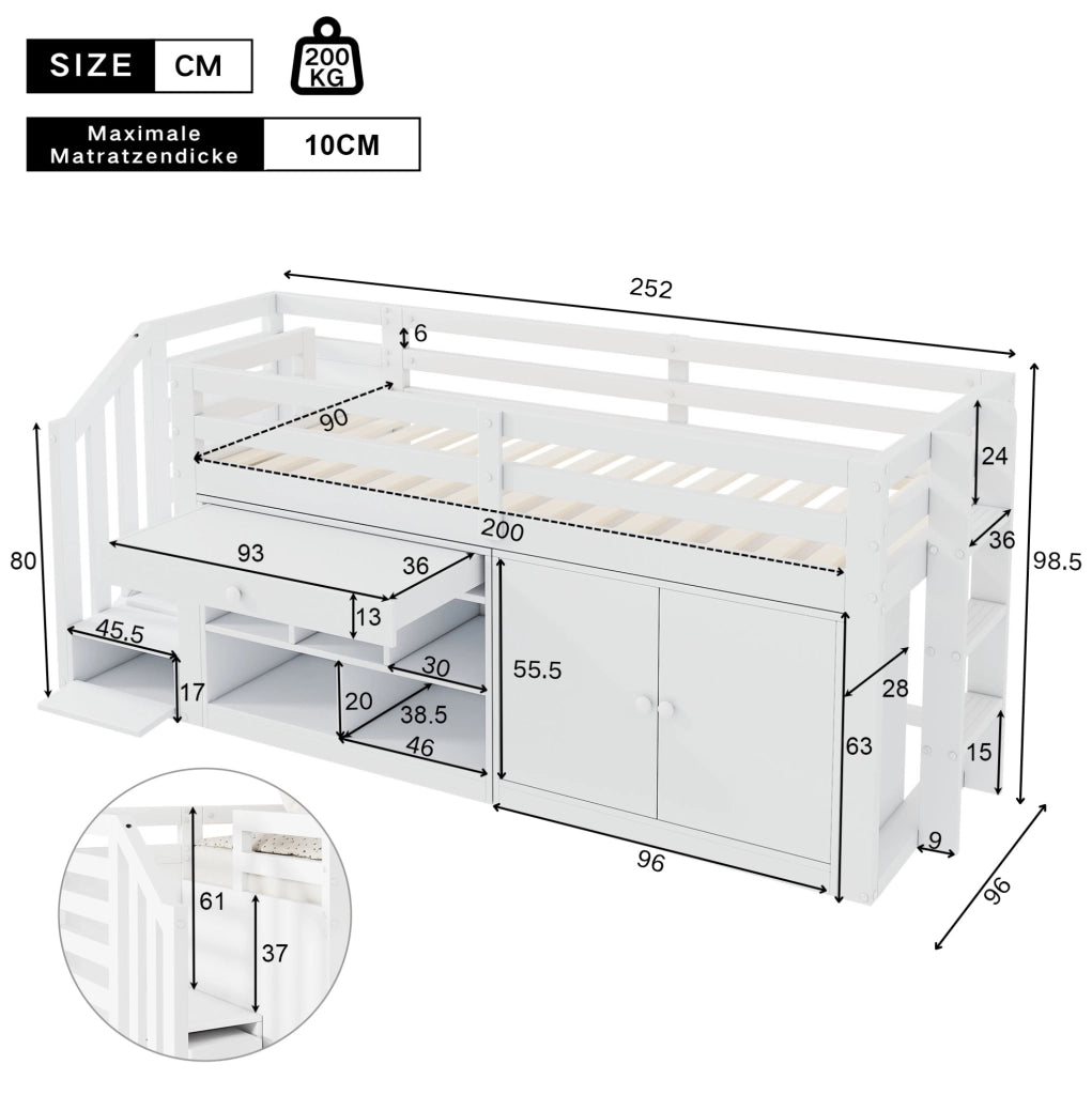 Letto multifunzione per bambini 90x200 cm bianco