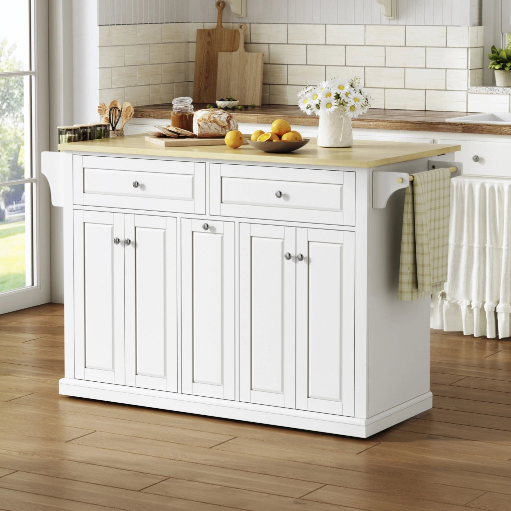 Isola da cucina con piano ribaltabile 121x69x89 cm in MDF naturale e bianco