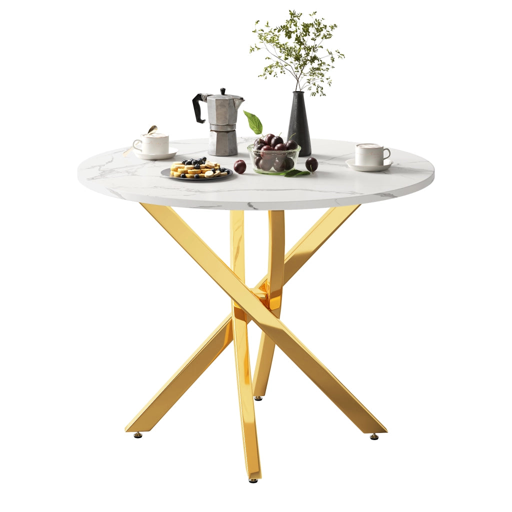 Tavolo rotondo 80 x 80 x 75 cm in MDF, finitura effetto marmo, gambe cromate oro, design moderno