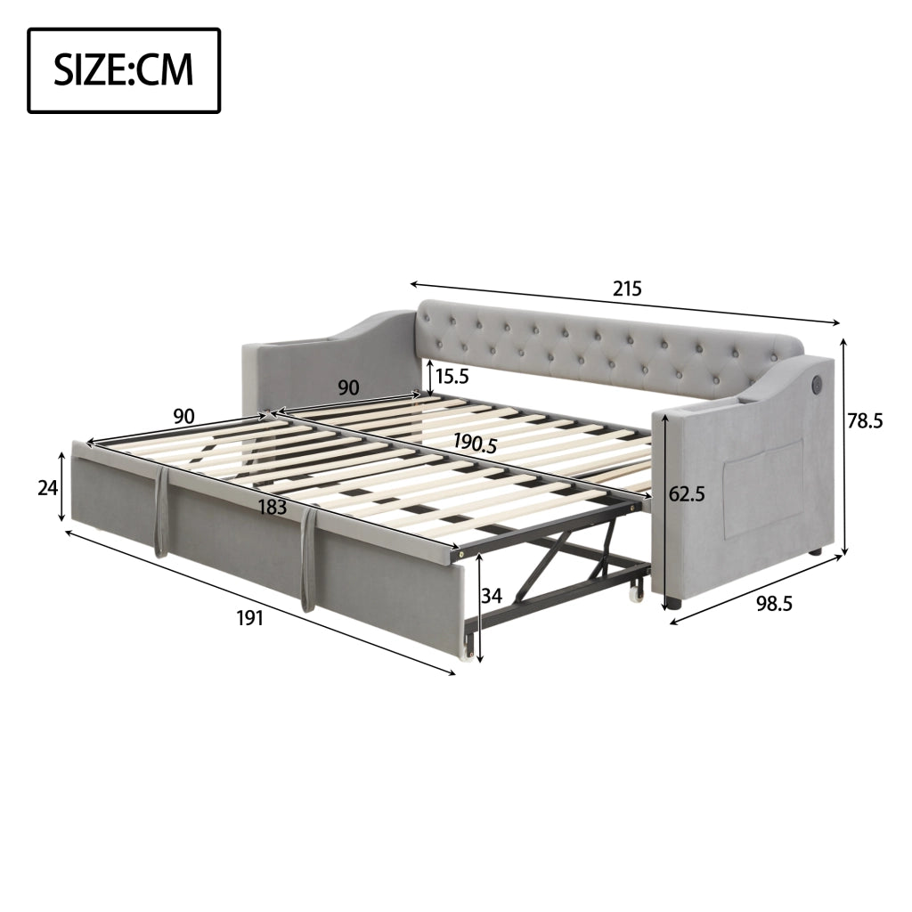 OKWISH Letto a Scomparsa 90×190 cm e 180×190 cm, Letto Singolo con USB, Tipo C, Vani Portaoggetti e Tasche, senza Materasso, Grigio