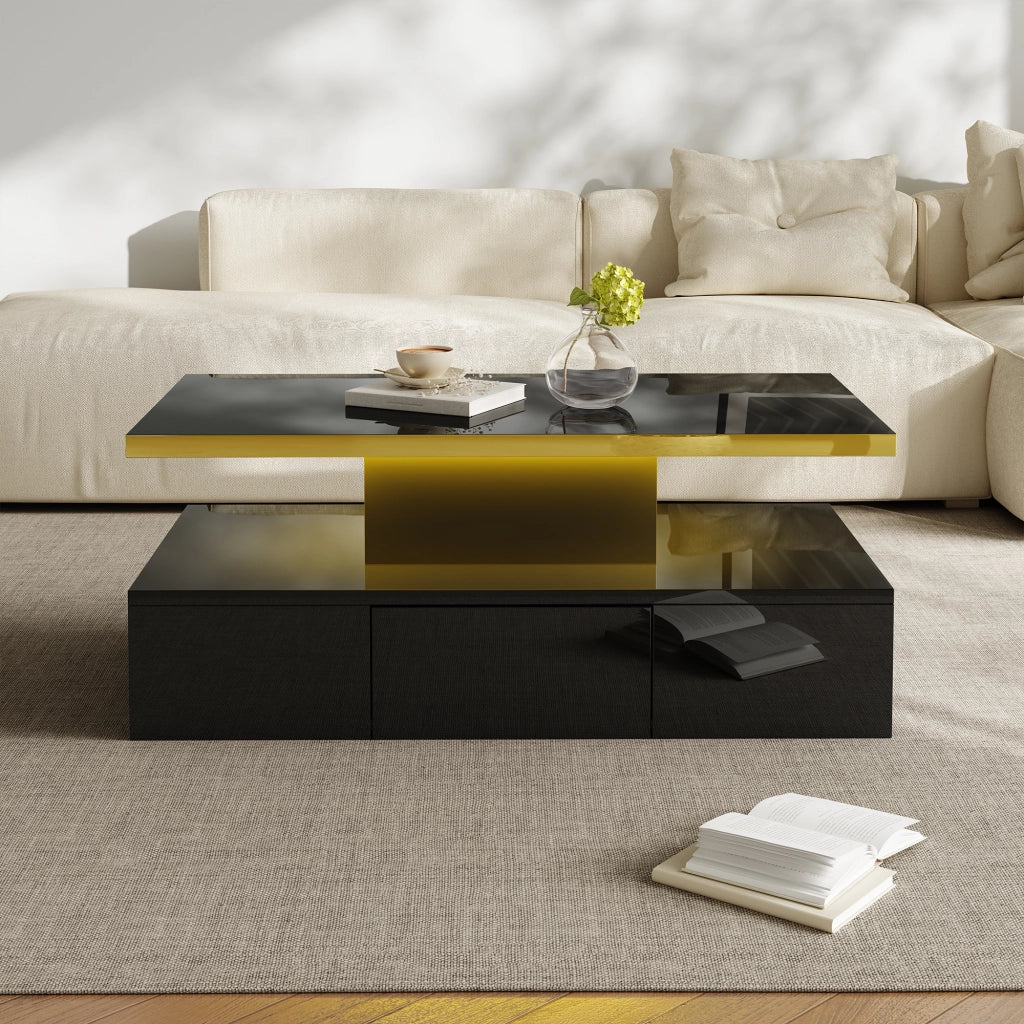 OKWISH Tavolino da Salotto Rettangolare con 1 Cassetto, 2 Ripiani, LED e Finitura Lucida, Nero, 100 x 50 x 39 cm