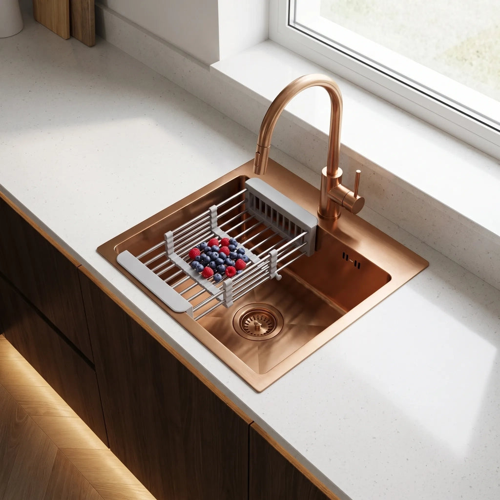 Lavello In Acciaio Con Set Di Accessori 3 Pz. Rea Leo 40 Brush Copper Accessori beige