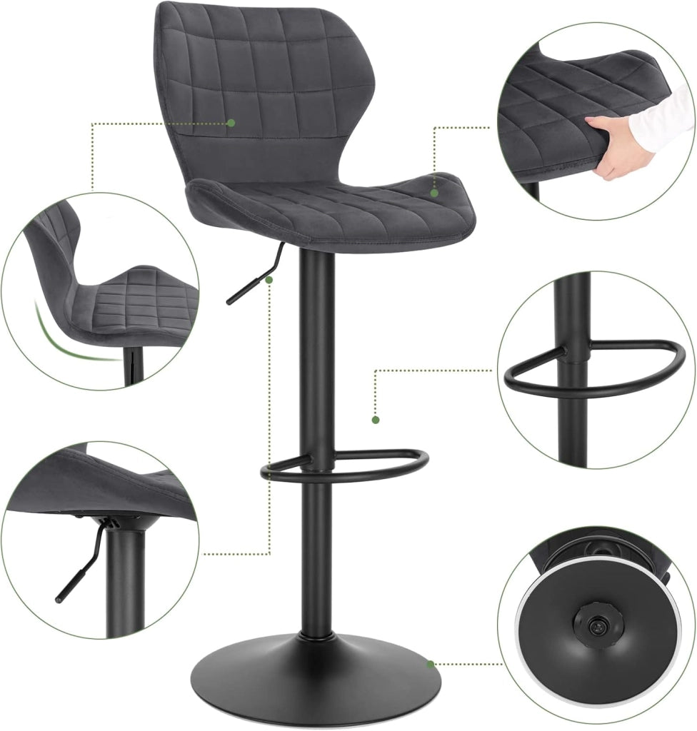 Set di 2 Sgabelli da Bar con Schienale e Poggiapiedi Girevoli a 360° Sedia Alta da Cucina con Seduta Regolabile tra 60-82cm in Velluto e Metallo Grigio Scuro BH324dgr-2