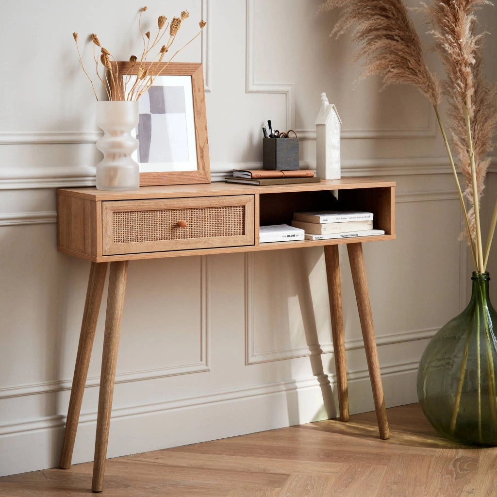 Consolle scandinava con effetto legno e canna, 100cm, marrone naturale