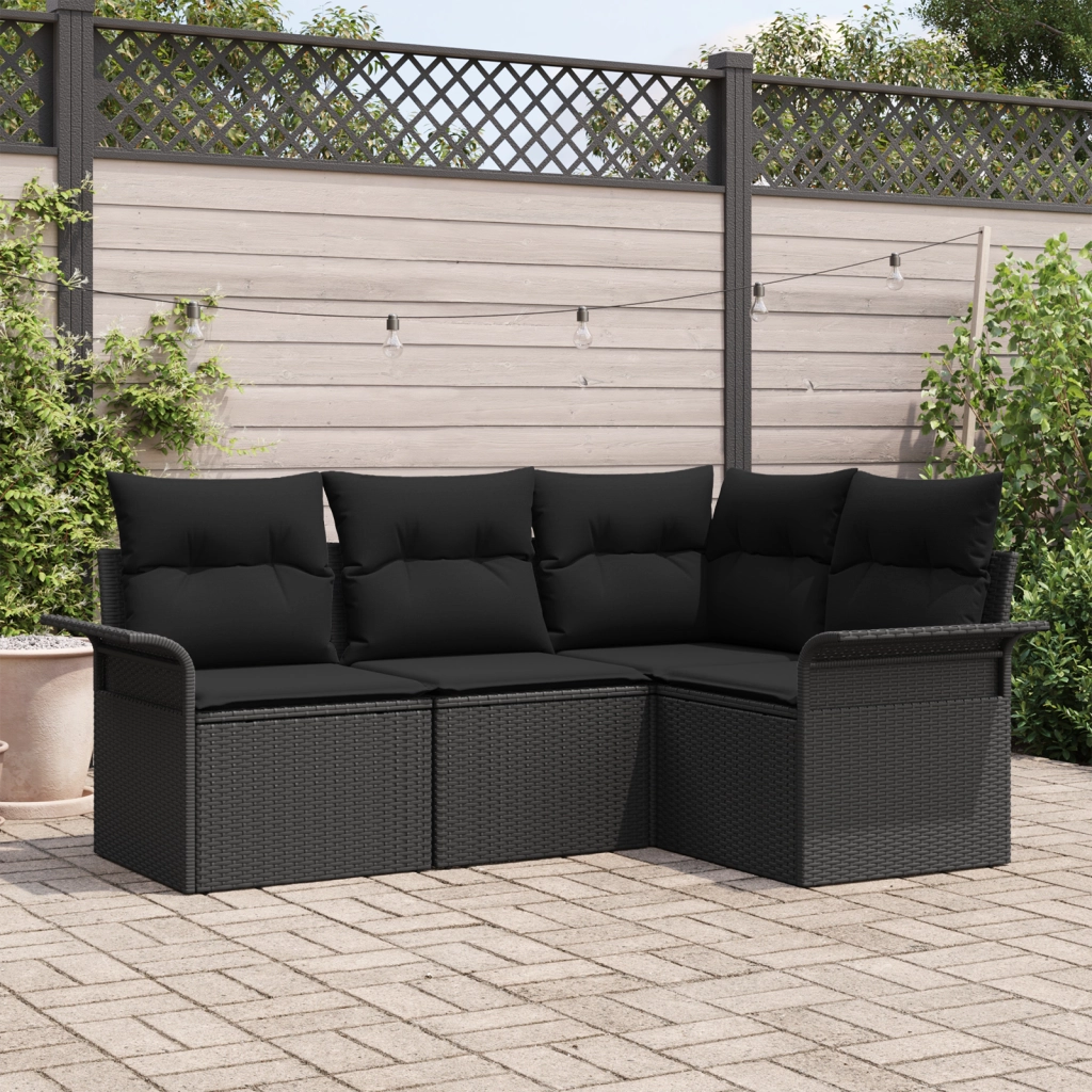 Set Divano Giardino 4 Pezzi con Cuscini Rattan Nero Polirattan