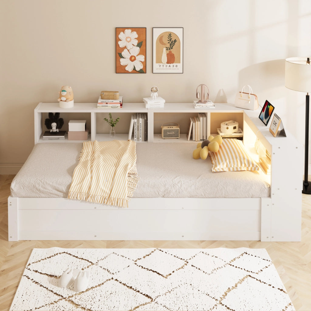 Letto multifunzione 90x200 cm in MDF bianco con presa integrata; luci LED e contenitore