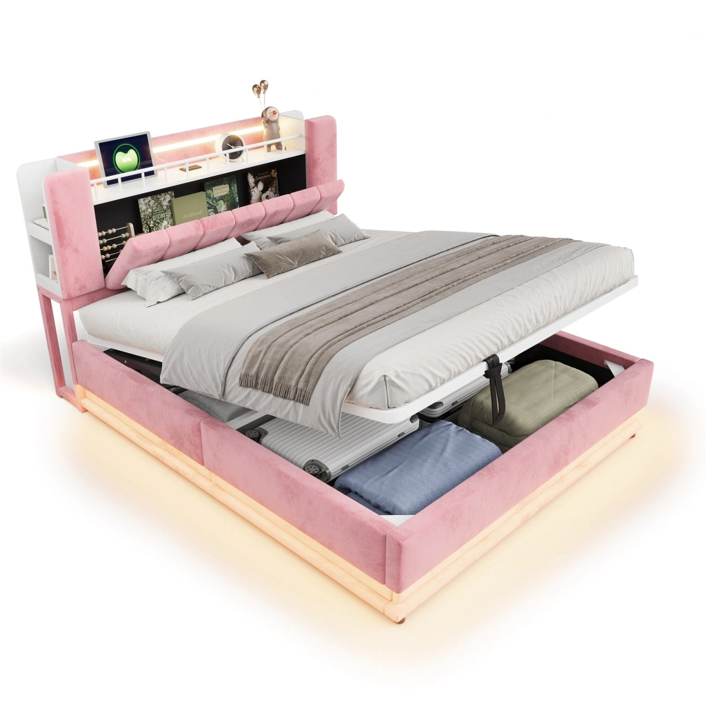Letto imbottito rosa 160x200 con LED; USB e contenitore idraulico