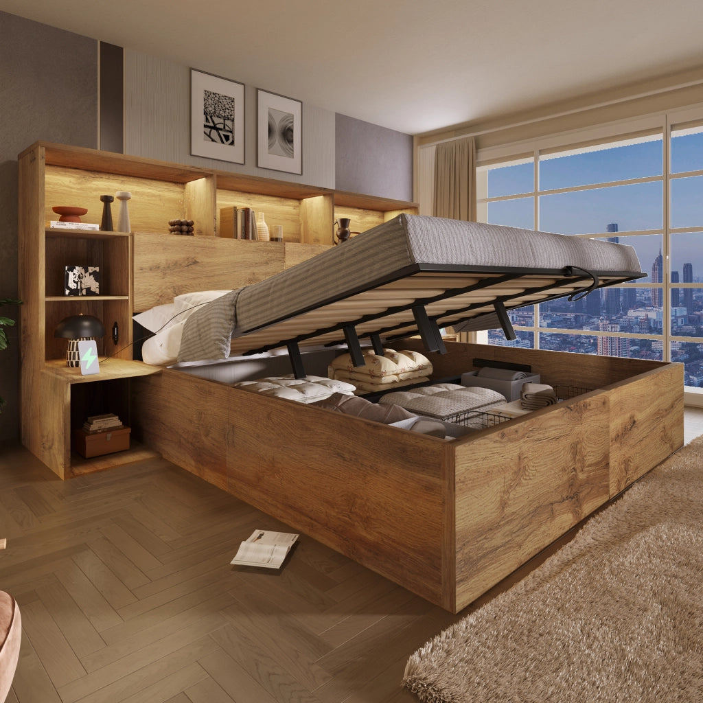 DESMIU Letto Contenitore Letto Matrimoniale con LED regolabile, USB e Type-C, 160 × 200 cm, materasso incluso