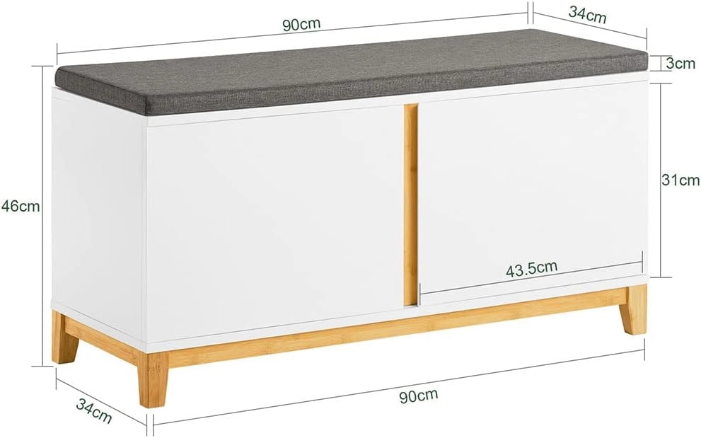 Panca Scarpiera Ingresso con Seduta, Cassapanca Contenitore da Interno con 2 Ante, in Legno ingegnerizzato + Bambù 90x34x46cm Bianco FSR117-W