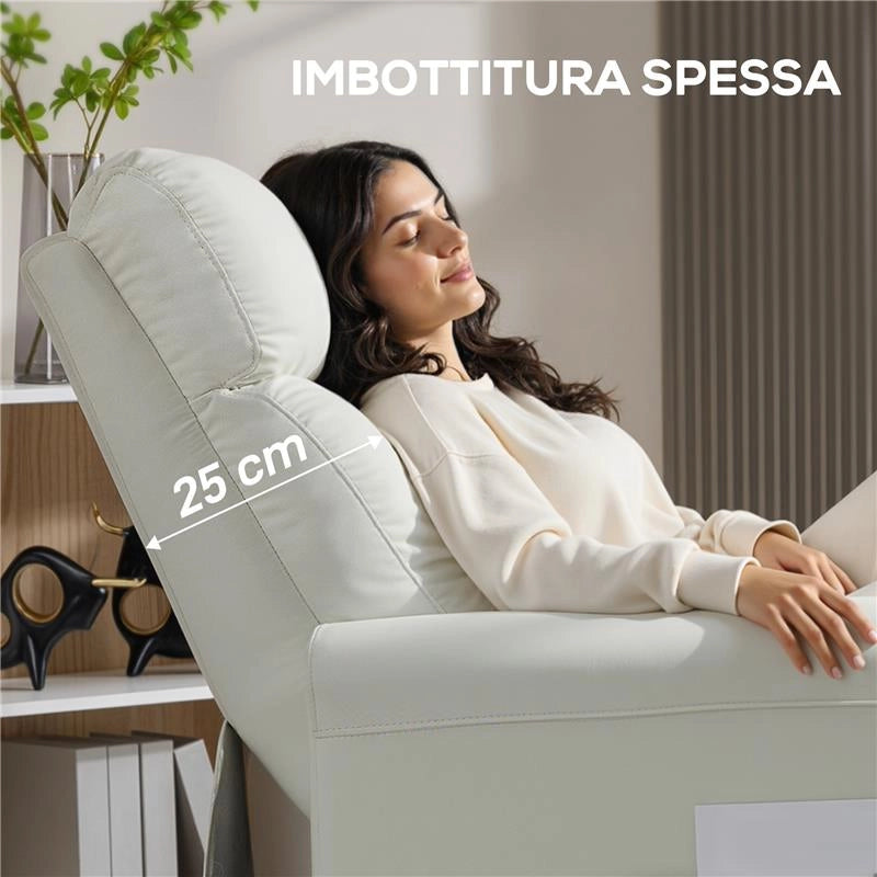 POLTRONA RECLINABILE 135¦ MAX IN TESSUTO EFFETTO LINO, SCHIUMA, ACCIAIO E LEGNO, 73X86X100 CM, BIANCO CREMA