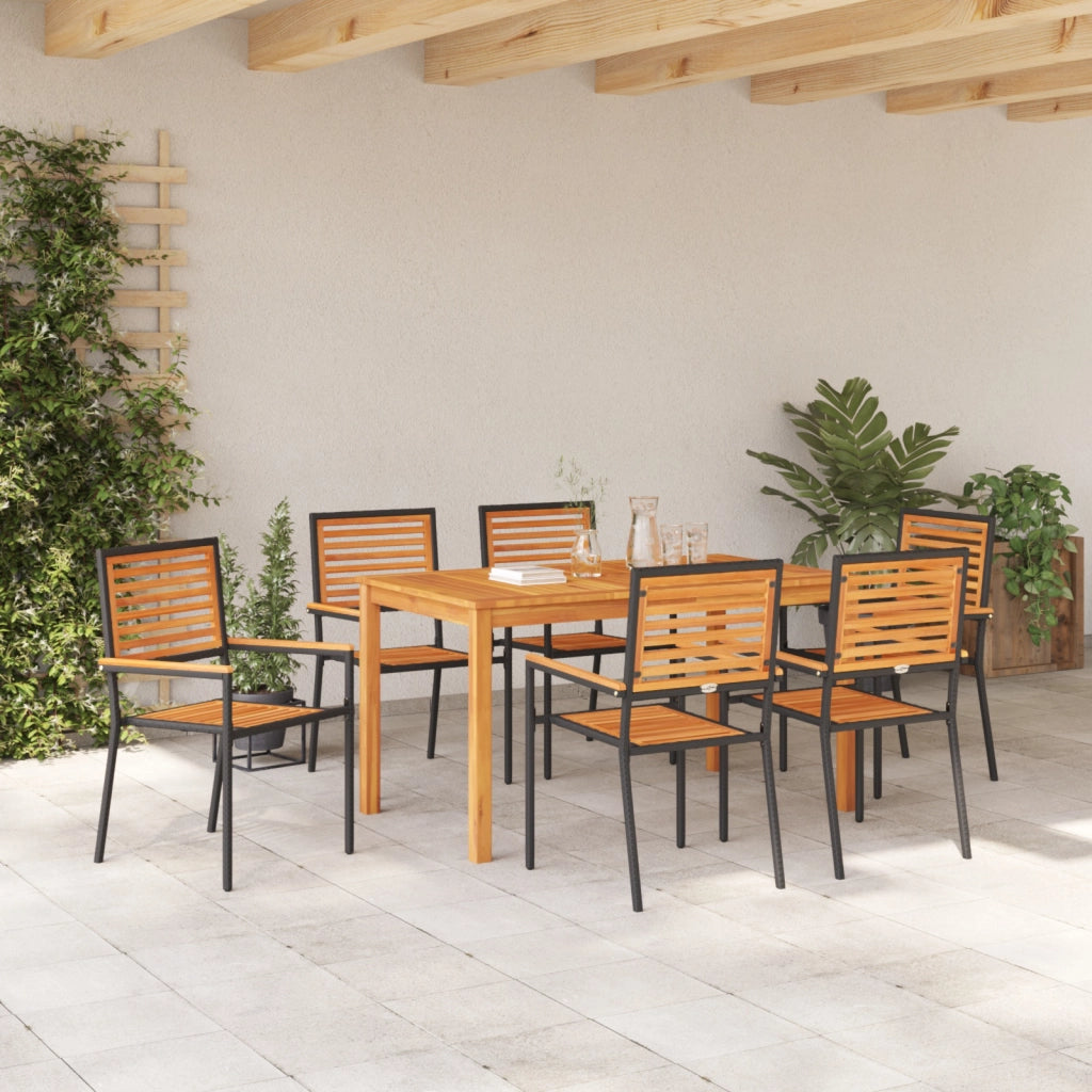 Set da pranzo da giardino  7 pezzi in polyrattan nero e acacia