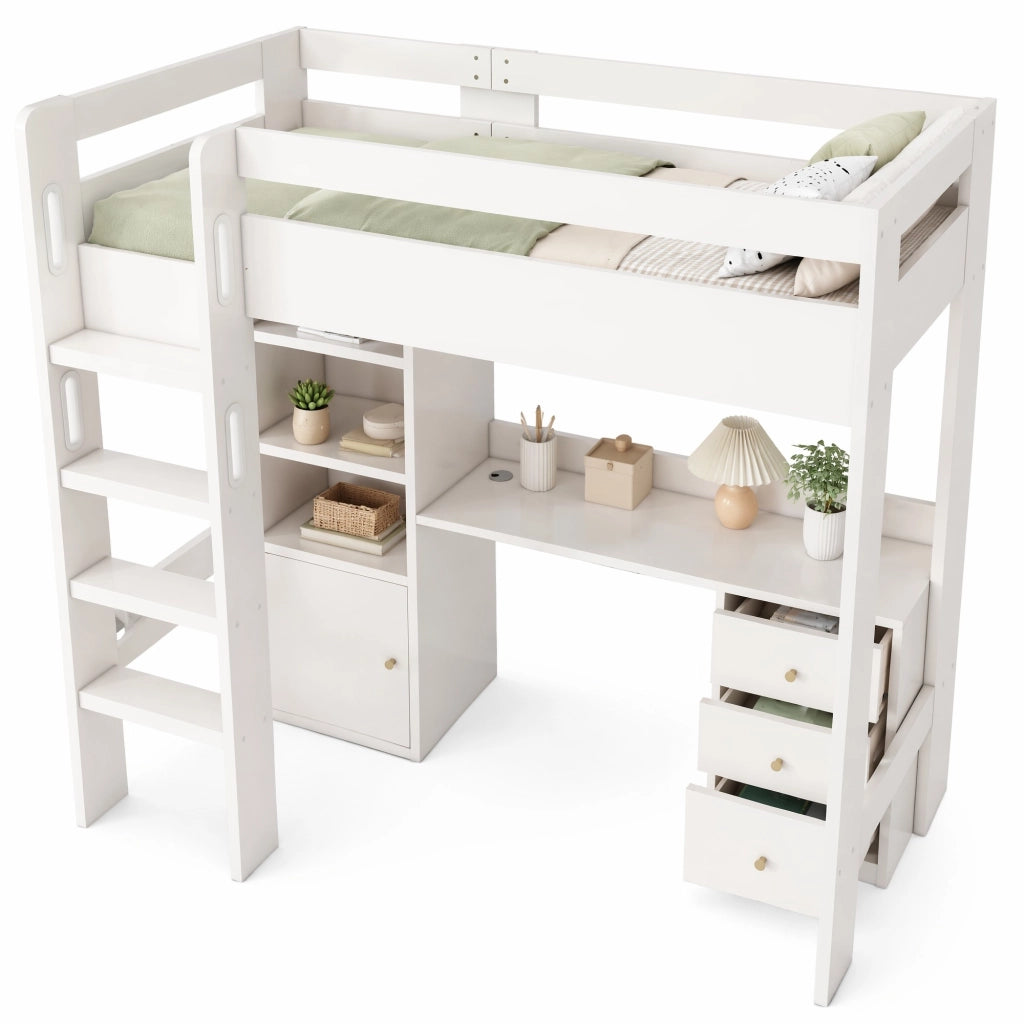 Letto a soppalco 90x200 con scrivania USB-C; armadio e cassetti; bianco