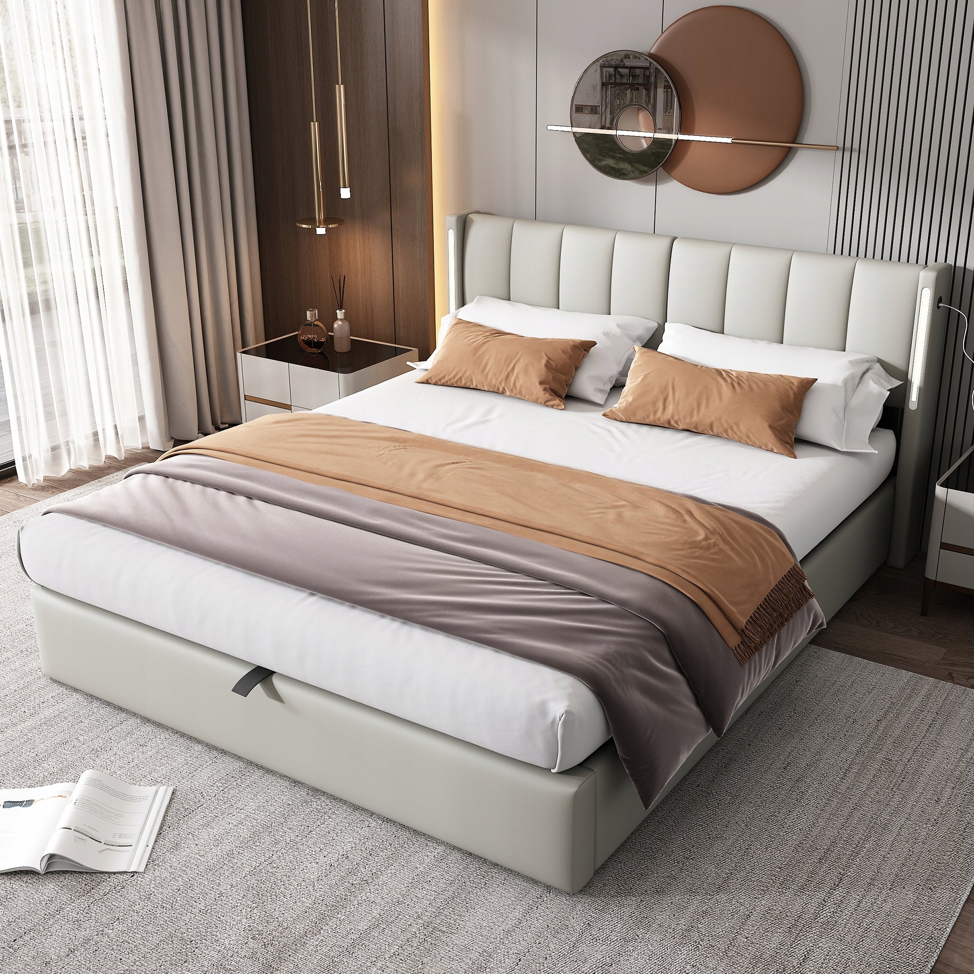 Letto imbottito con LED - Xylo - 140x190 - Grigio - Sistema idraulico