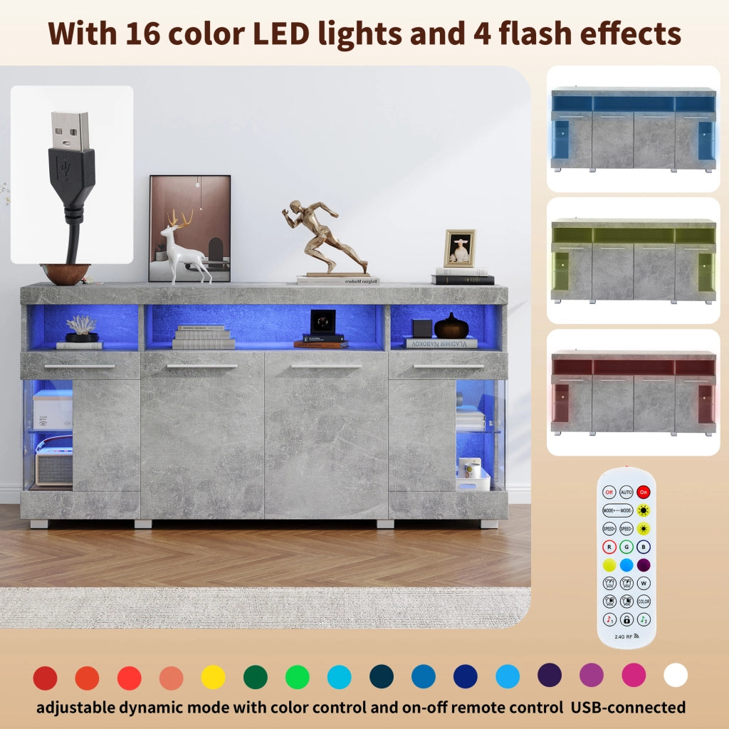 Credenza e madia con LED e ante in vetro temperato, 3 vani contenitore, per soggiorno, in MDF, grigio cemento 140 × 40 × 70 cm