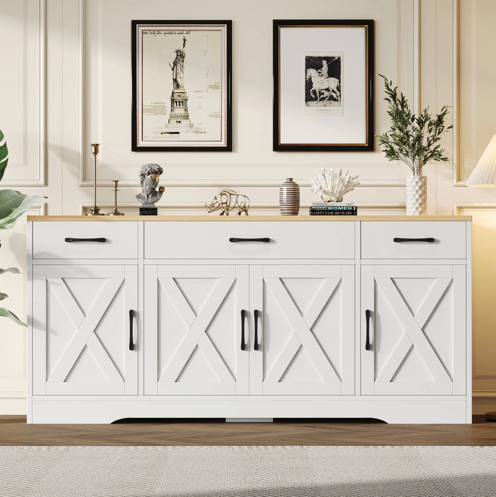 Credenza 160x37x75 cm bianca in MDF, 3 cassetti e 4 ante