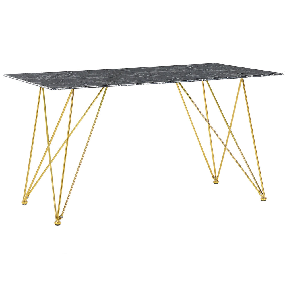 Tavolo da Pranzo Effetto Marmo Nero con Piano in Vetro Temperato dorato Gambe in Metallo 140 x 80 cm Glam Soggiorno