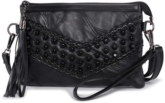 Borsa da spalla piccola per donne con pennelli e chiodi da stucco, clutch in pelle morbida nera