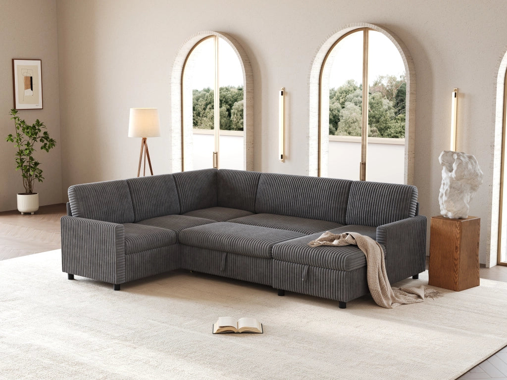 Divano panoramico a U convertibile con letto, contenitore e tessuto a coste, grigio 274 × 220 × 85 cm