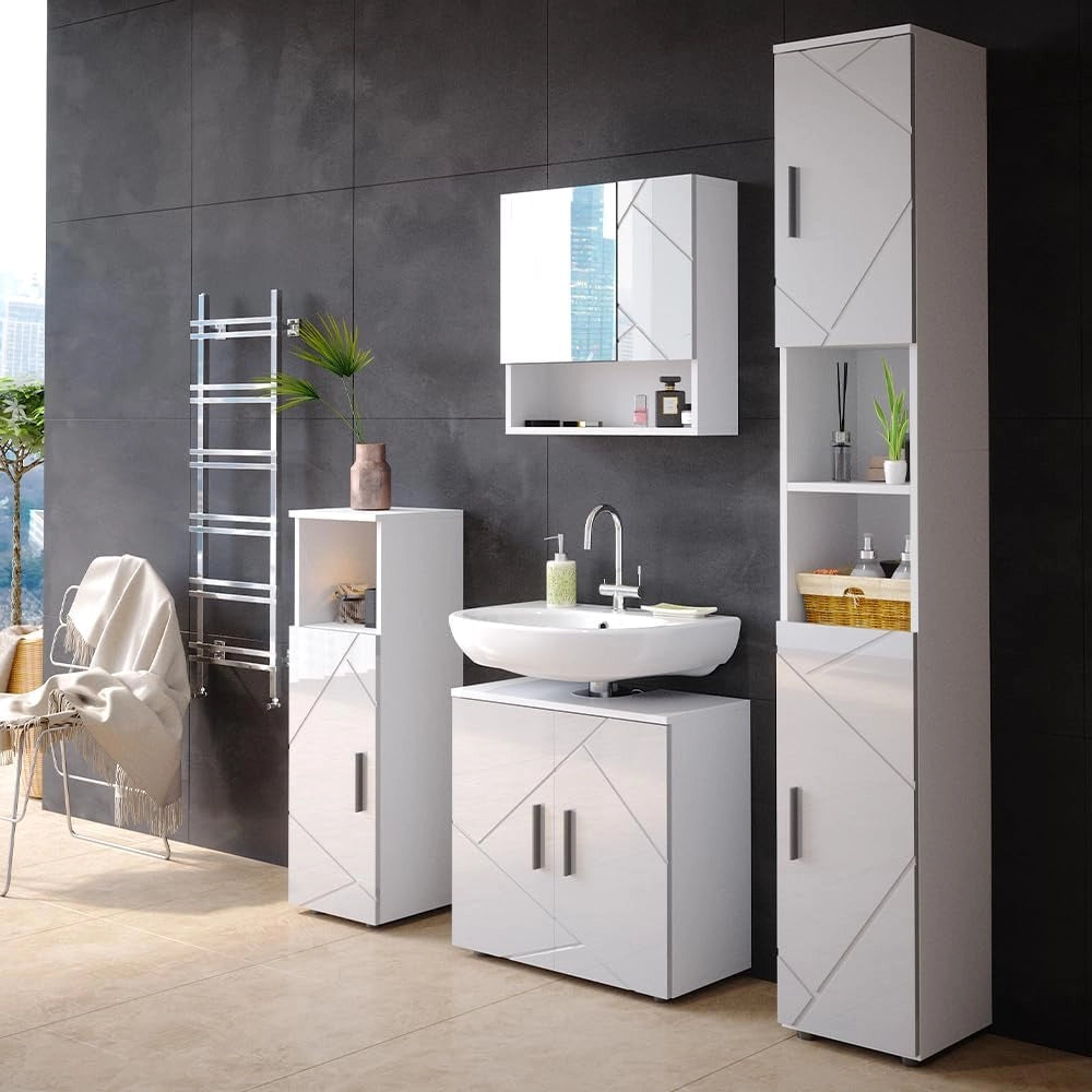 Set mobili bagno Irma, Bianco lucido, 80 cm, composto da mobile lavabo, pensile a specchio, colonna e base media