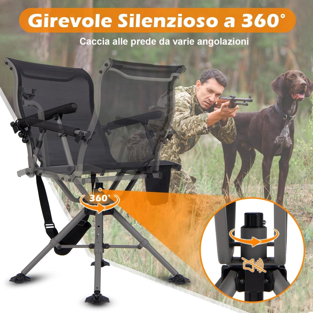 Sedia da Caccia, Sedia da Cecchino Pieghevole con Gambe e Supporto per Fucile Regolabili, Girevole Silenziosa a 360°, Schienale Ergonomico, Sedia da Terra Portatile, Portata 150 kg