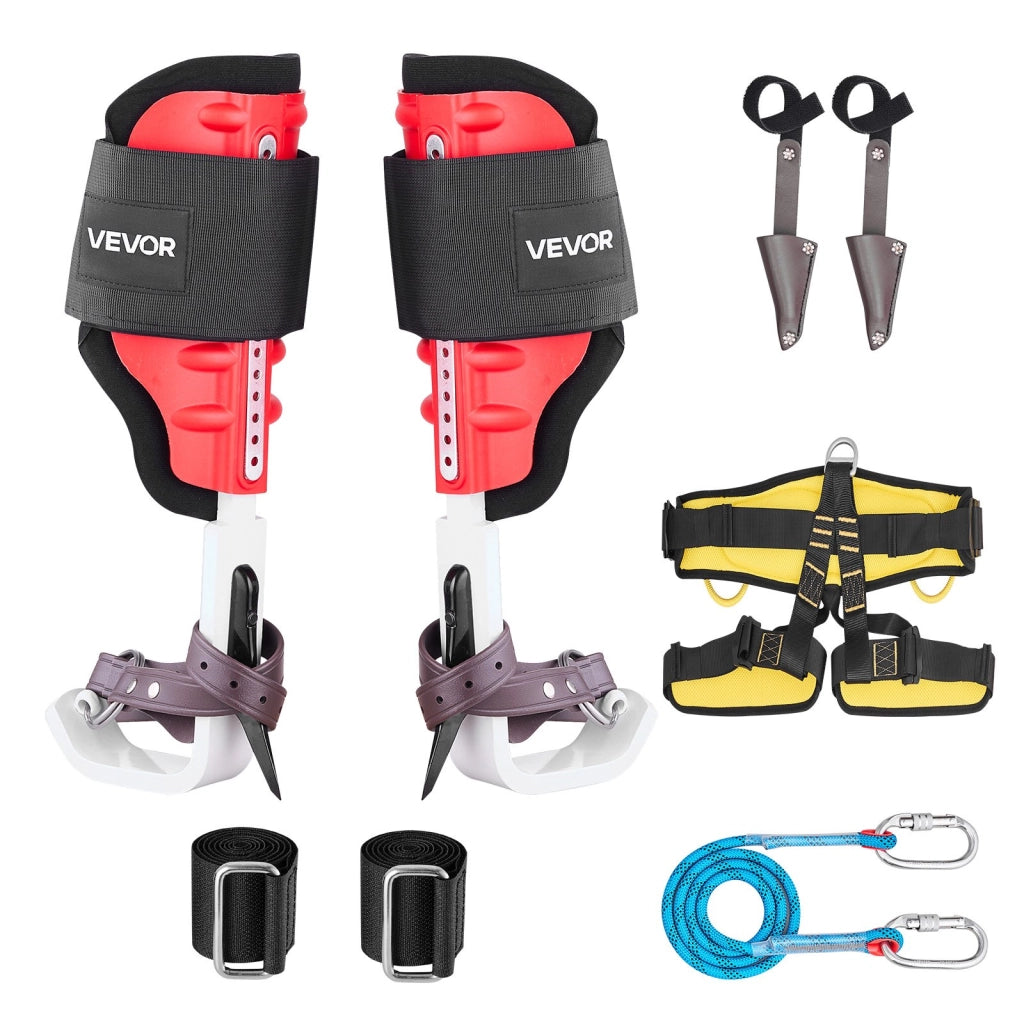 Speroni da Arrampicata su Alberi Regolabili 40-48,5 cm, Set con Imbracatura e Corda di Sicurezza, Carico 159 kg, Rosso ROPE-G-010