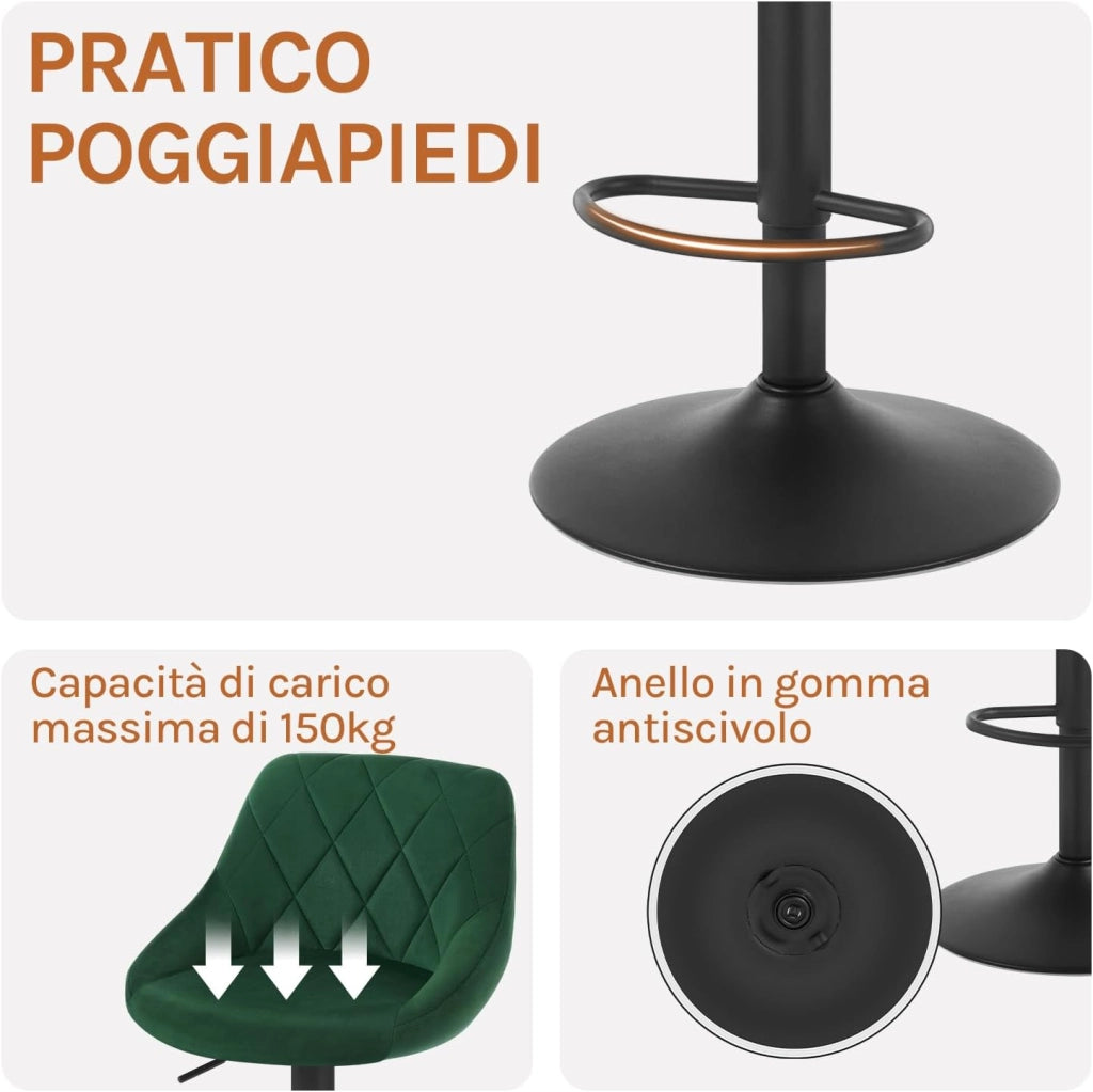 4x Sgabelli da Bar Moderni Girevoli Sedia Cucina Alta con Schienale Quadrato Senza Braccioli Altezza Regolabile in Velluto Verde Scuro BH219dgn-4