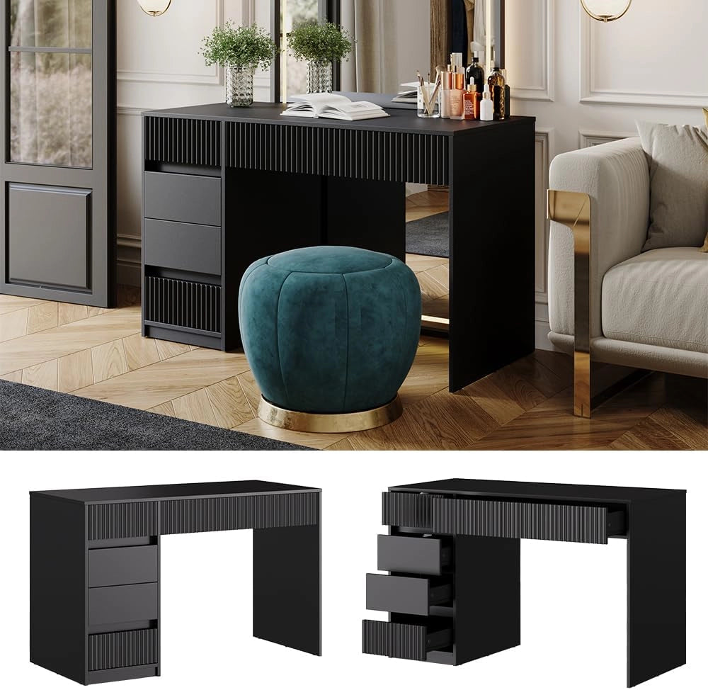 Tavolino da toilette Omira, Nero, 120 cm Senza specchio, Trucco, strumenti e gioielli separati e subito a portata di mano