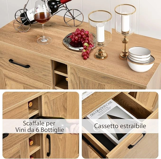 Credenza Buffet Mid Century, Cantinetta Porta bottiglie da 6 Vini, con Cassetto Estraibile e Ripiani Regolabili, Mobile Bar da Cucina e Soggiorno, 90 x 40 x 79 cm, Naturale