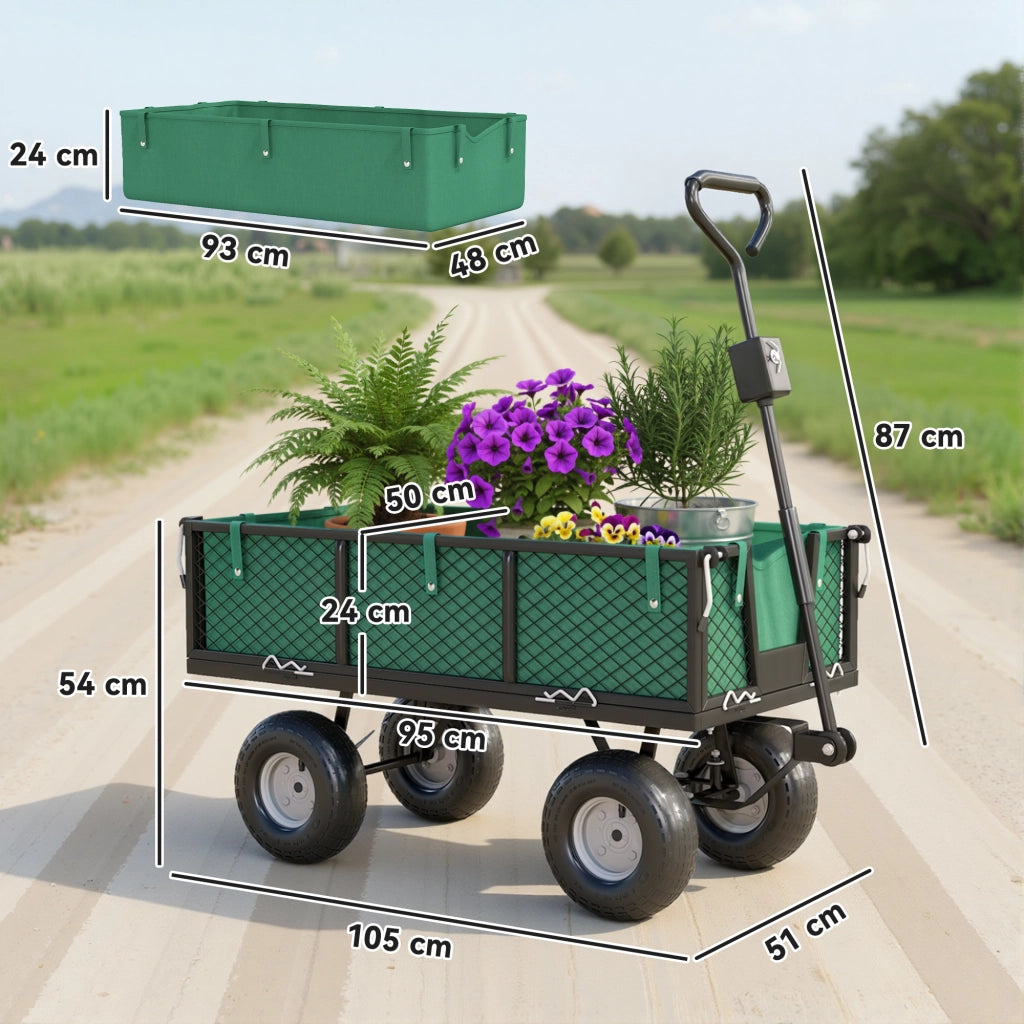 Carrello da Giardino 105x51x54 cm Capienza da 114L con Sacca Portaoggetti e Pareti Rimovibili in Acciaio Verde
