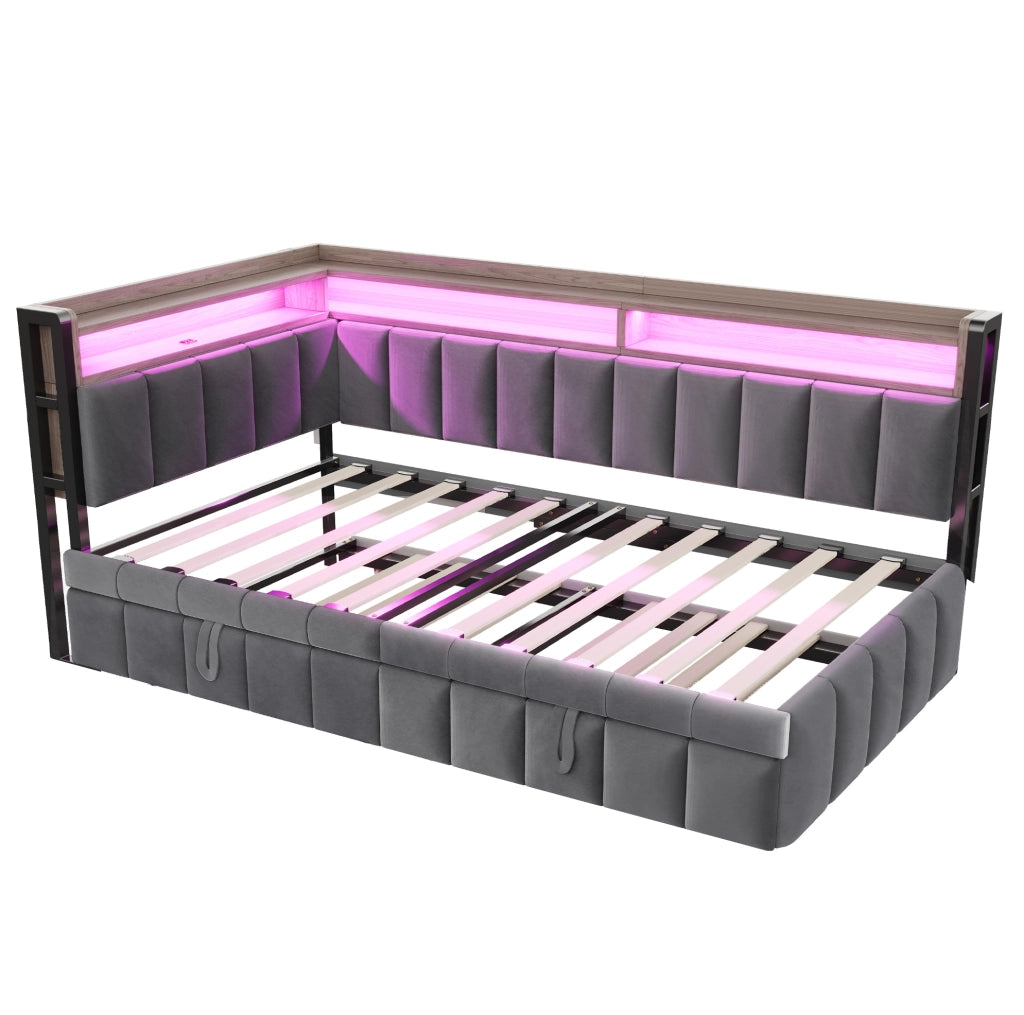 Divano letto estraibile 90x200 cm con LED, USB e Type-C grigio