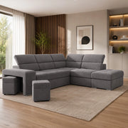 Divano angolare reversibile Positano grigio con poggiatesta regolabili, pouf e funzione letto