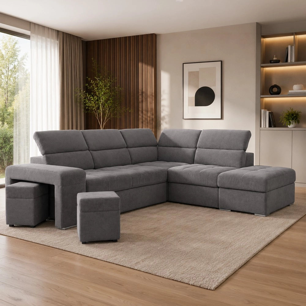 Divano angolare reversibile Positano grigio con poggiatesta regolabili, pouf e funzione letto