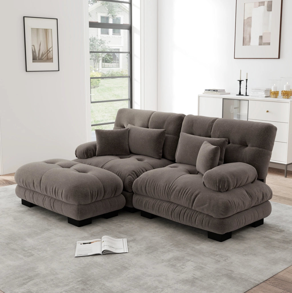 Divano modulare in chenille marrone con pouf mobili e braccioli imbottiti