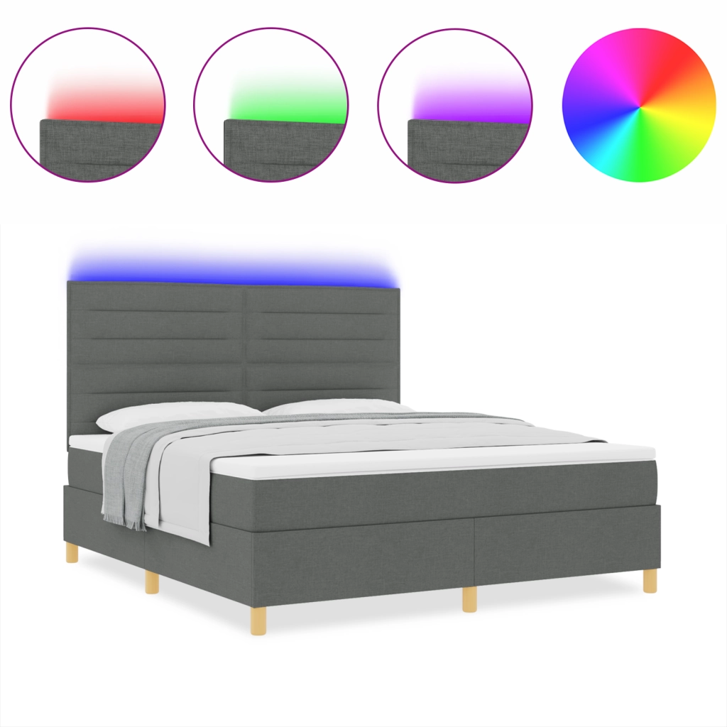Letto Box Spring con Materasso e LED Grigio Scuro 180x200 cm Tessuto