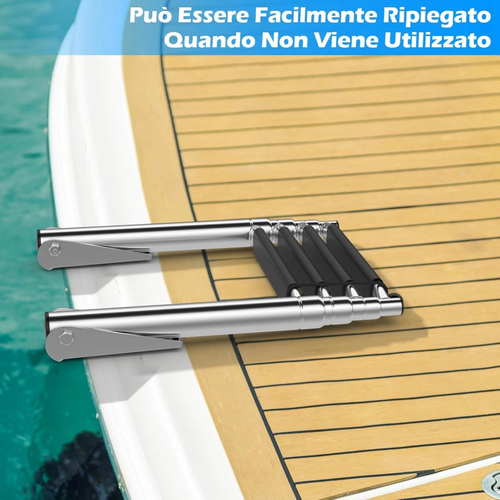 Scala Telescopica per Barca a 4 Gradini, Scala Pieghevole Estendibile con Gradini Antiscivolo, Scala in Acciaio Inox Resistente per Piscina, Carico 227 kg