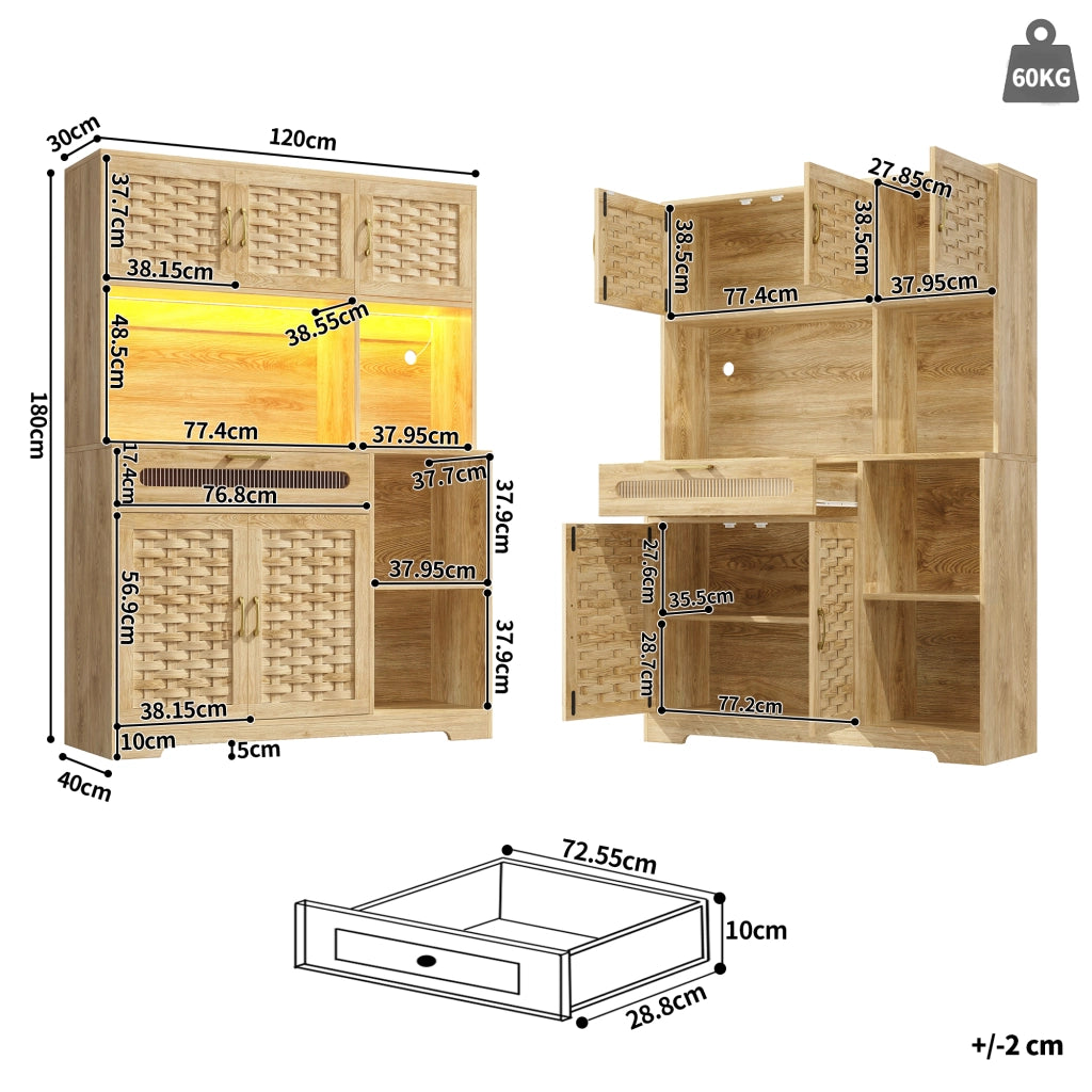 Credenza Alta da Cucina con Ante in Vetro e Ripiani Regolabili con LED per Cucina in MDF 120x40x180 cm Naturale