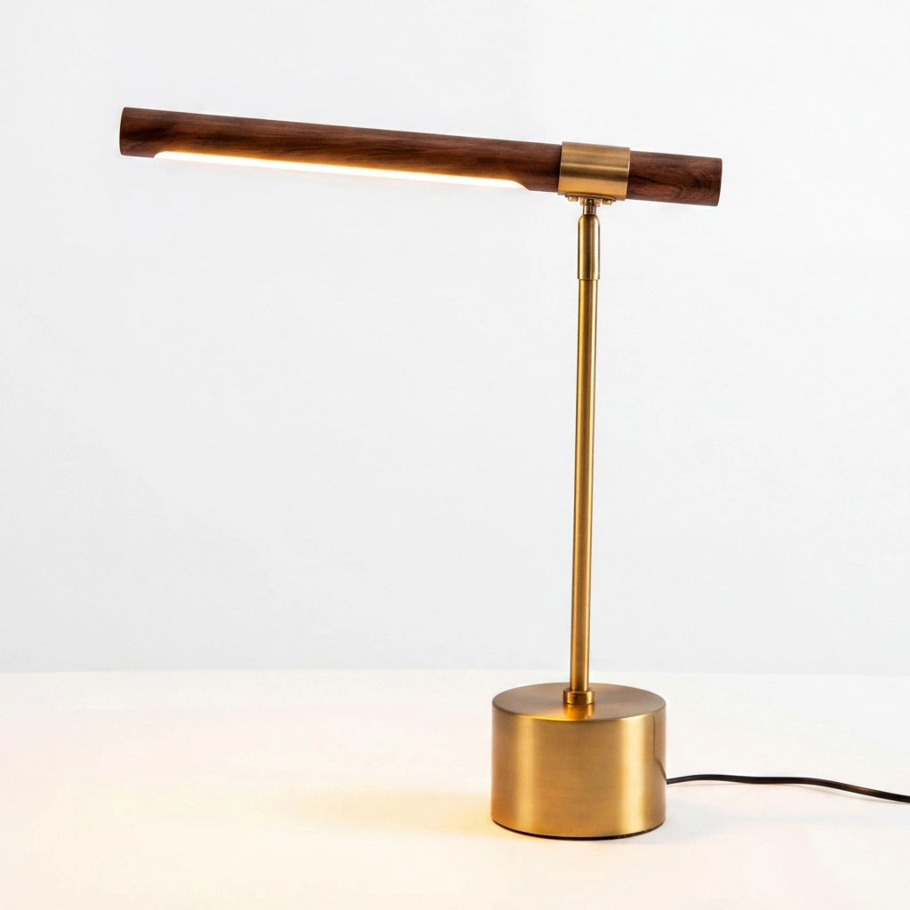Lampada da tavolo in acciaio effetto noce e acciaio lucido dorato