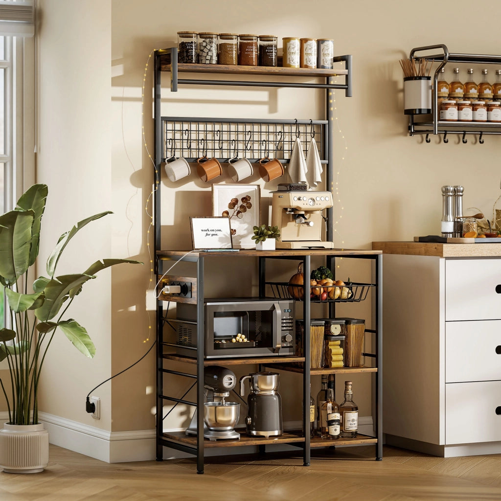 Scaffale da Cucina con 3 Prese e Luci LED ¨C Xylo ¨C Stile Industriale Marrone Rustico 80x42x162cm