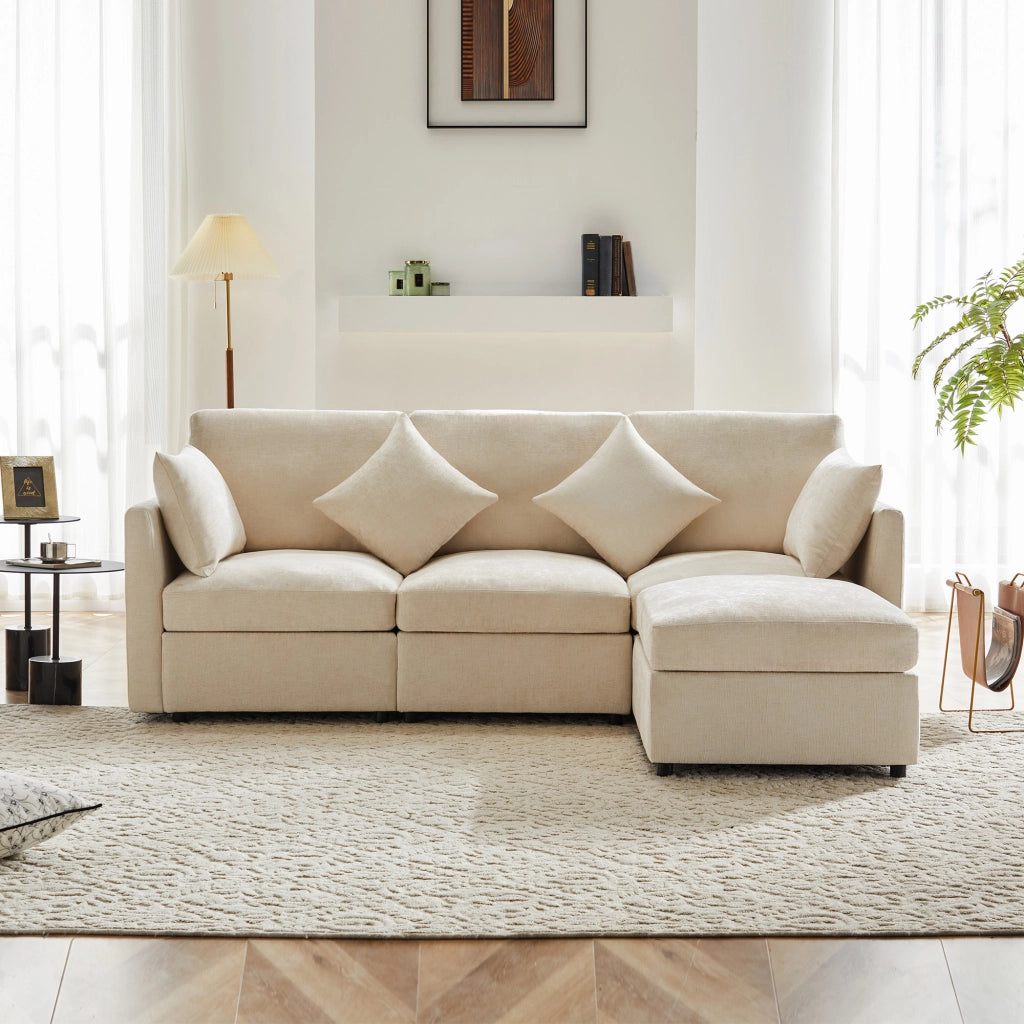 Divano Angolare Reversibile 3-4 Posti con Pouf Mobile; Cuscini Inclusi; Seduta Ergonomica in Ciniglia Beige