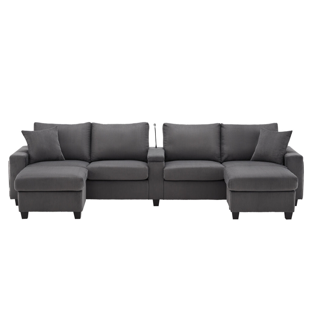 Divano a U in velluto a coste con 2 pouf contenitore; LED; USB e Type-C; grigio 334x128;5x81 cm