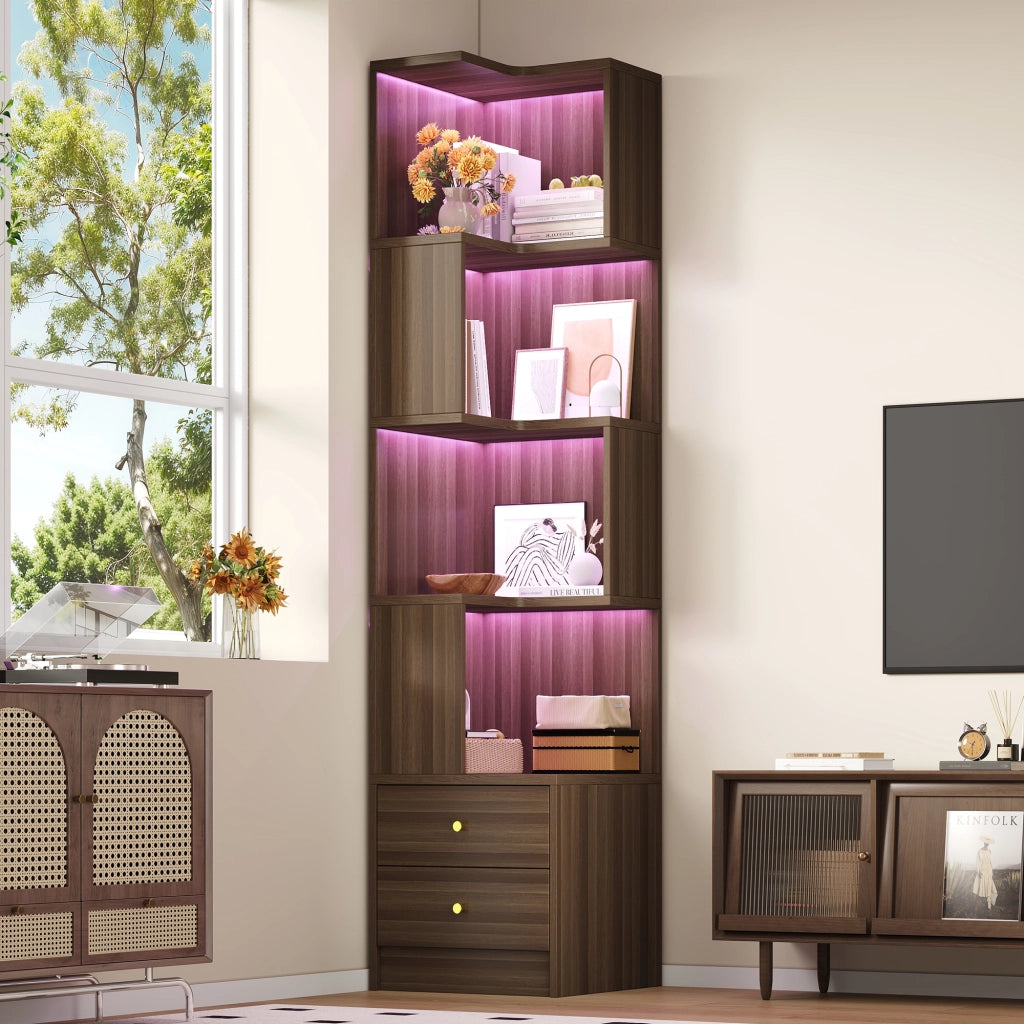 Libreria angolare a L con illuminazione LED controllabile via app, 45 x 43,5 x 180 cm, marrone