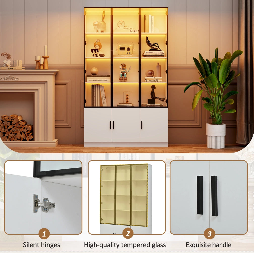 Vetrina alta 120x32x200 cm con 6 ante; LED; MDF e vetro; bianco