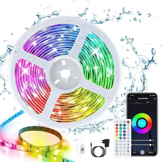 Striscia LED RGB Acqua-Resistente 5M - Adesivo Auto-Applicante con Comando a Distanza e APP, 16 Milioni di Colori per Esterno e Interno