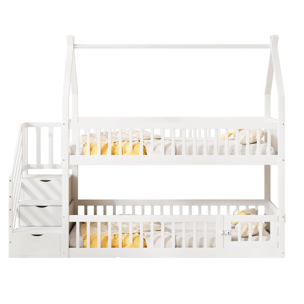 Letto a Castello 90x200 cm - Struttura a Casetta; Scala con Cassetti e Area Giochi - in Legno Massello Bianco